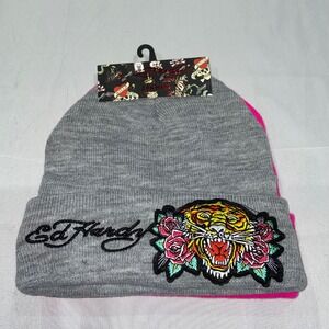 Ed Hardy 2 Pack Beanies Grey Tiger Pink Love Kills Slowly Rhinestone